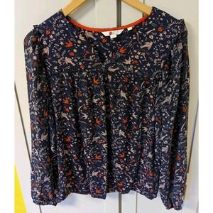 Boden Violetta Mystic Woodland Blouse Sheer Sleeve Keyhole Neck Sz 6